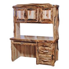 Beartooth Aspen Log Student Desk & Matching Hutch - Half Log Fronts - Wild Panel & Gnarly Logs - Liquid Glass Top Finish - Standard 3 Drawers - Keyboard Tray - Drawers on Right