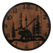 Rustic Stained Wood & Etched Metal Black Bear Wall Clock