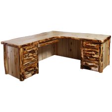 Beartooth Aspen Log Corner Desk - Half Log Drawers - Natural Panel & Gnarly Log