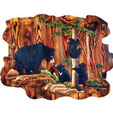 Black Bear and Cubs in Forest Wood Art