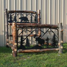 Beaver Creek Aspen Double Metal Insert Log Bed--Corral style frame, Dark aspen, Standard logs, Clear finish, Bear scene headboard, Moose scene footboard