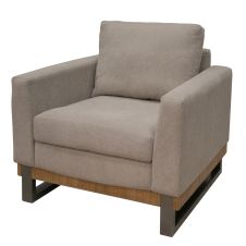 Mita Industrial Upholstered Natural Wood Arm Chair, Shown in Almond Fabric