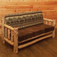 Rust Valley Red Cedar Log Sante Fe Sofa - Bear Run & Palomino Tobacco Fabrics 
***Please Note: This image shows an outdated version of the sofa. The new version does not have a lower log in the front.***