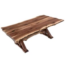 Rustic Live Edge Wood Slab Trestle Dining Table - Black Walnut Tabletop - Natural Clear Tabletop Finish