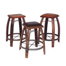 Rustic Reclaimed Wine Barrel Stave Stools - (L to R) Wood Seat, Chocolate Leather Seat, Tan Leather Seat) Pine Finish