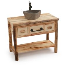 Rustic Colorado Aspen Open Log Bathroom Vanity with Towel Bar & Stone Sink & Faucet Package