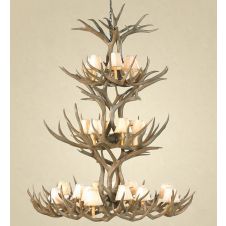 20 Light Mule Deer Antler Chandelier shown in Natural finish as well with optional rawhide shades