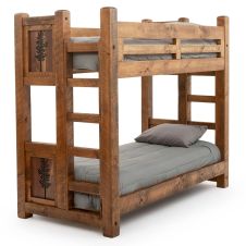 Sawmill Rough Sawn Timber Rustic Panel Bunk Bed - Antique Barnwood Finish - Walnut Panels - Tree Panel Motif