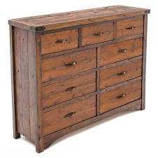 Sawmill 9 Drawer Rough Sawn Dresser--Antique Barnwood finish, Corner metal accents