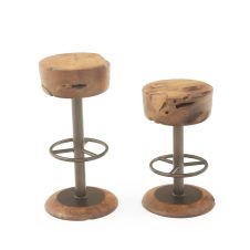 Rustic Round Metal Footrest Teak Stools
