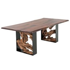 Twisted Trails Natural Wood Teak Root Dining Table - Live Edge Black Walnut Tabletop - Natural Clear Tabletop Finish