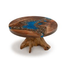 River Ridge Coffee Table - Black Walnut Table Top - Teak Stump Table Base - Blue Pearl Epoxy 