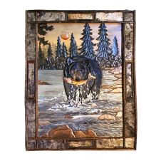 Black Bear and Fish in River Wood Art