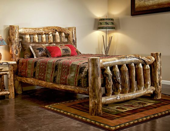 Original Aspen Log Bed--Queen, Clear finish, Light aspen, Extra gnarly logs, 5-6" corner log posts, Single log side rails