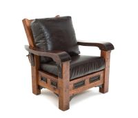 Rustic Ranch Barn Wood Lounge Chair - Morris Style - Hampton Molasses Genuine Leather Cushions