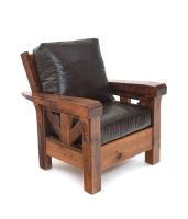 Rustic Lodge Barn Wood Lounge Chair - Hampton Molasses Genuine Leather Cushions