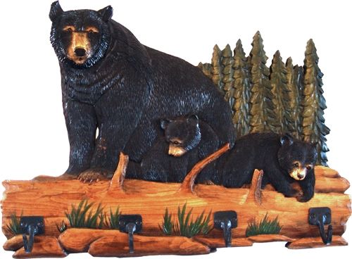 Black Bear Family Rustic Wood Coat Rack 