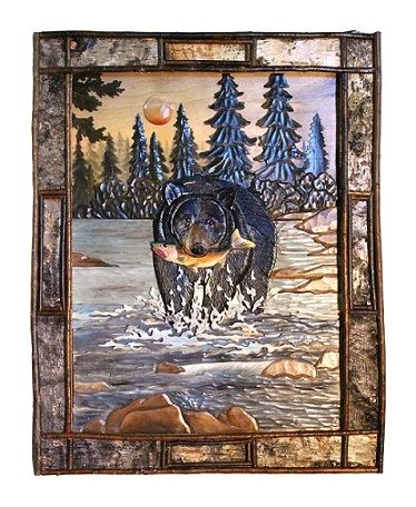 Salmon Run Black Bear Rustic Framed Wood Art