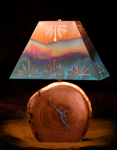 Image of Rustic Copper Shaded Mesquite Log Table Lamp